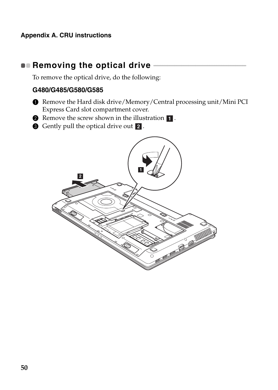 Removing the optical drive | Lenovo G780 Notebook User Manual | Page 54 / 59