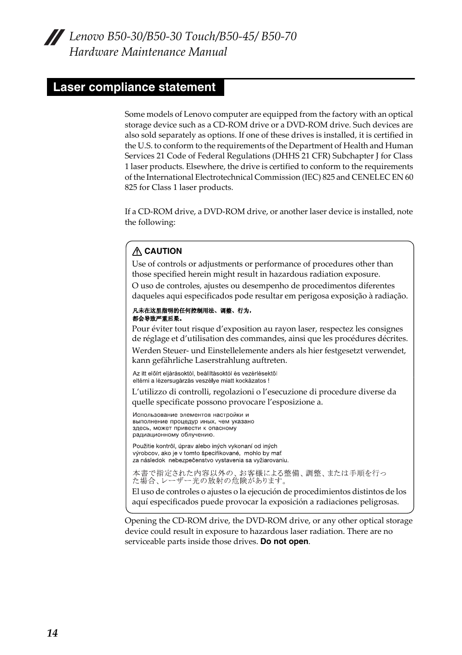 Laser compliance statement | Lenovo B50-30 Notebook User Manual | Page 18 / 88