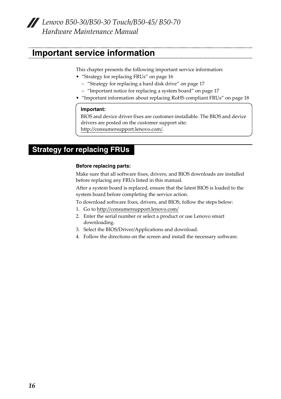 Important service information, Strategy for replacing frus | Lenovo B50-30 Notebook User Manual | Page 20 / 88