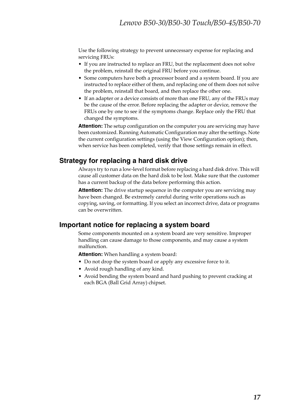 Strategy for replacing a hard disk drive, Important notice for replacing a system board | Lenovo B50-30 Notebook User Manual | Page 21 / 88