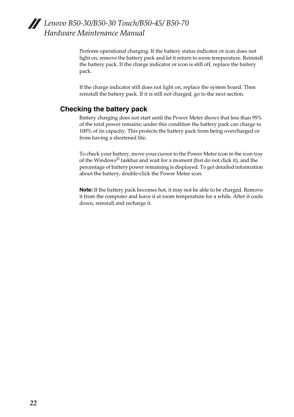 Checking the battery pack | Lenovo B50-30 Notebook User Manual | Page 26 / 88