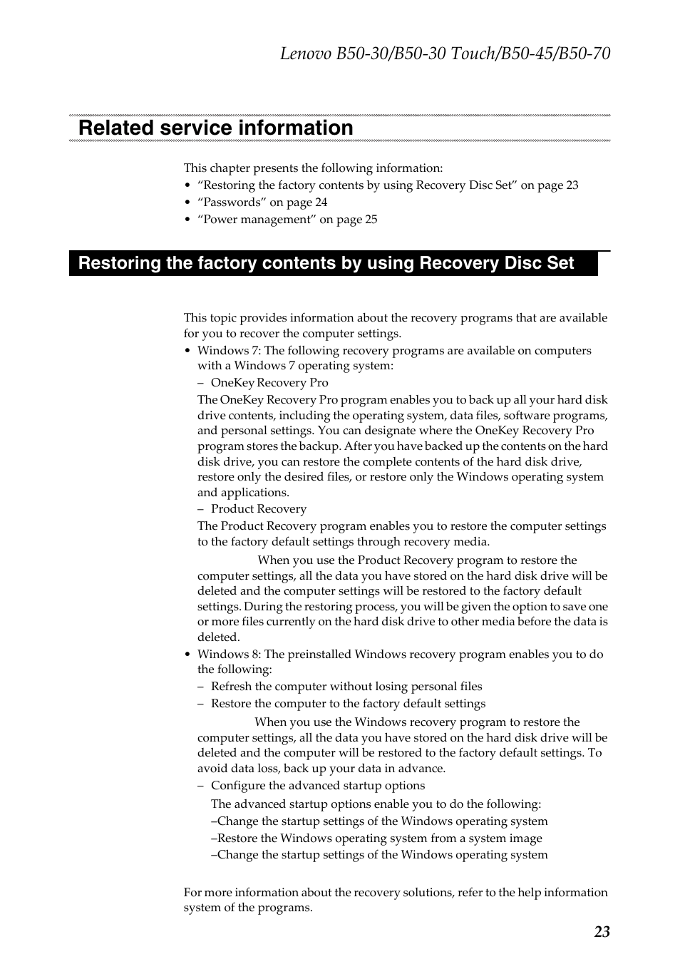 Related service information, Restore of factory default | Lenovo B50-30 Notebook User Manual | Page 27 / 88