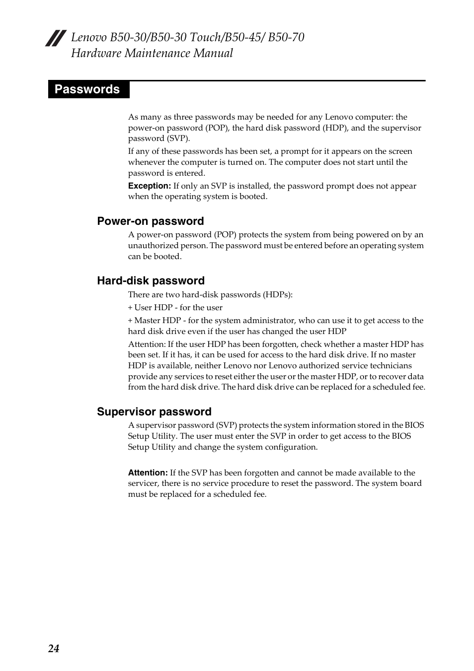 Passwords, Power-on password, Hard-disk password | Supervisor password | Lenovo B50-30 Notebook User Manual | Page 28 / 88