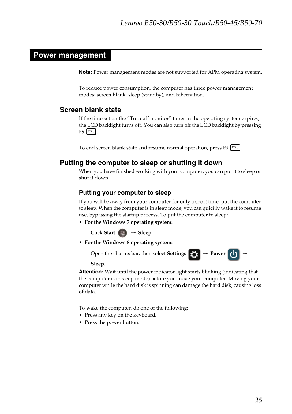 Power management, Screen blank state, Putting the computer to sleep or shutting it down | Lenovo B50-30 Notebook User Manual | Page 29 / 88