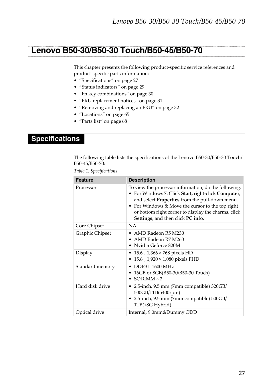 Lenovo b50-30/b50-30 touch/b50-45/b50-70, Specifications, Lenovo b50‐30/b50‐30 touch/b50‐45/b50‐70 | Lenovo B50-30 Notebook User Manual | Page 31 / 88