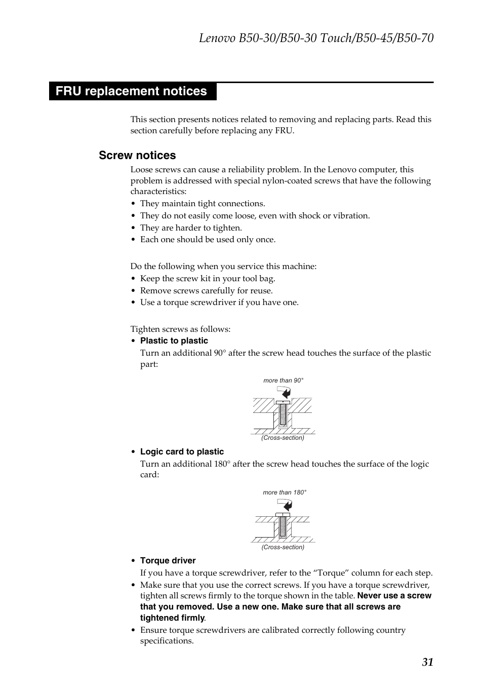 Fru replacement notices, Screw notices | Lenovo B50-30 Notebook User Manual | Page 35 / 88