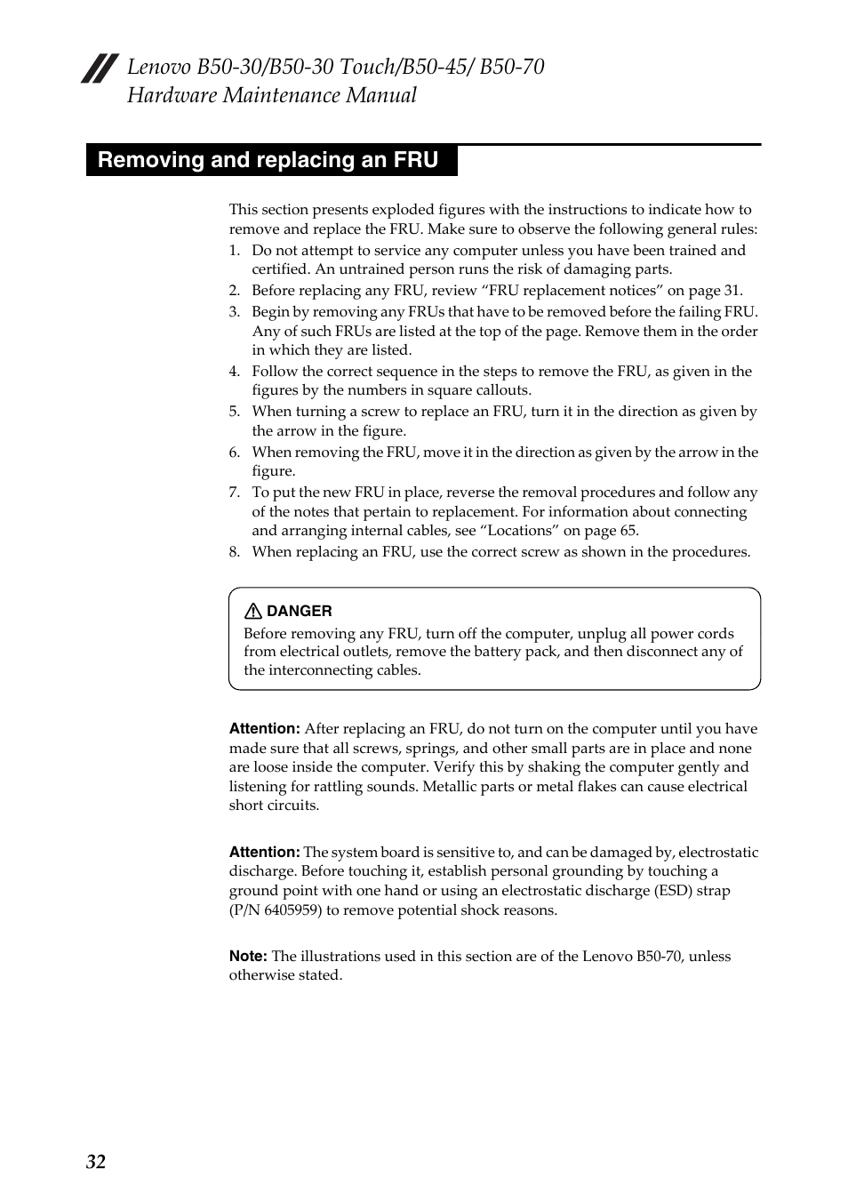 Removing and replacing an fru | Lenovo B50-30 Notebook User Manual | Page 36 / 88