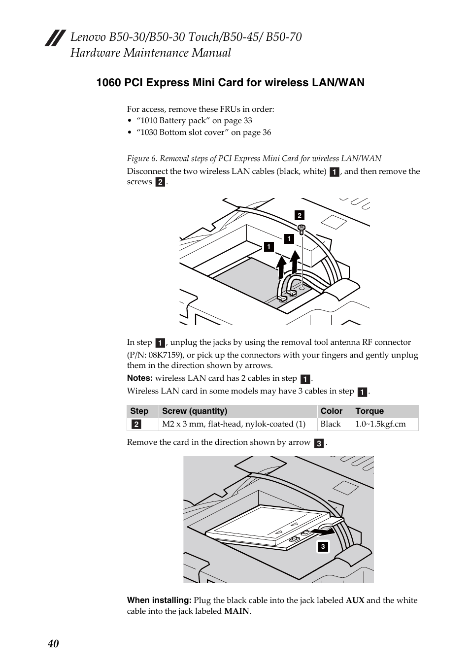 1060 pci express mini card for wireless lan/wan | Lenovo B50-30 Notebook User Manual | Page 44 / 88