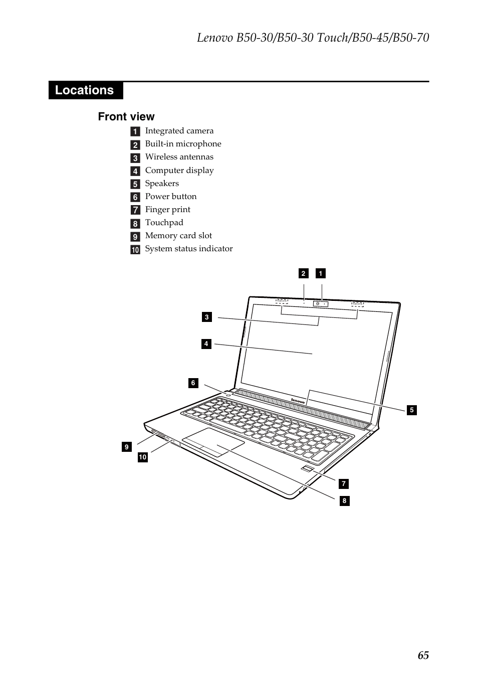 Locations, Front view, 65 front view | Lenovo B50-30 Notebook User Manual | Page 69 / 88