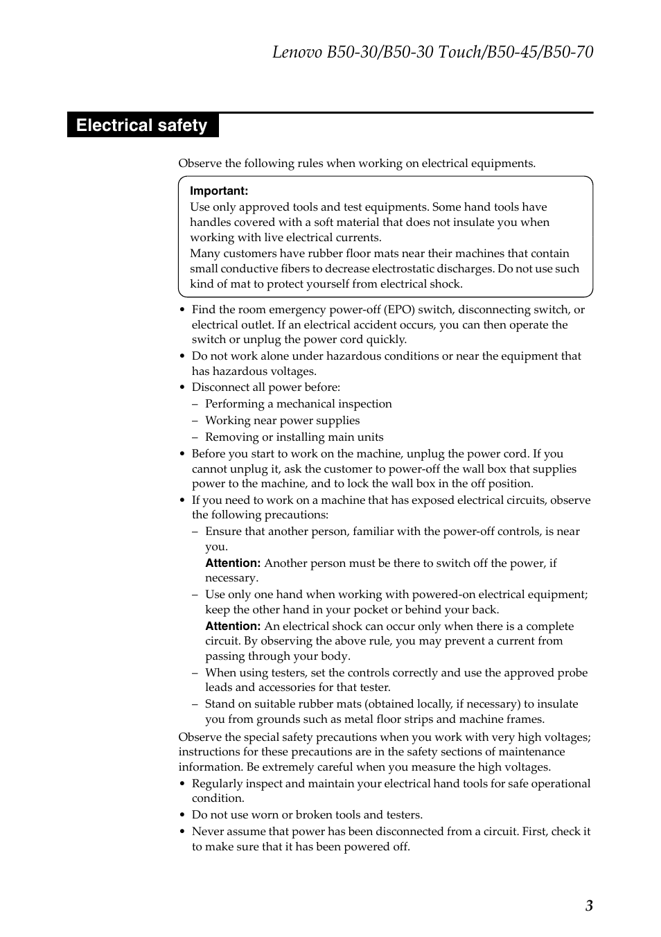 Electrical safety | Lenovo B50-30 Notebook User Manual | Page 7 / 88