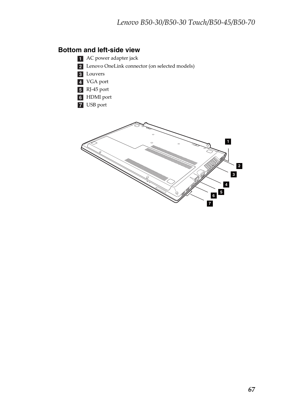 Bottom and left-side view, Bottom and left‐side view, 67 bottom and left-side view | Lenovo B50-30 Notebook User Manual | Page 71 / 88
