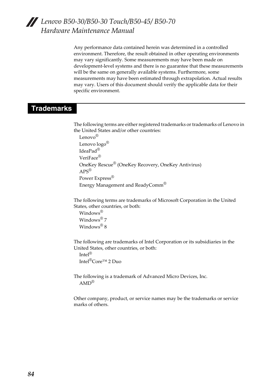 Trademarks | Lenovo B50-30 Notebook User Manual | Page 88 / 88