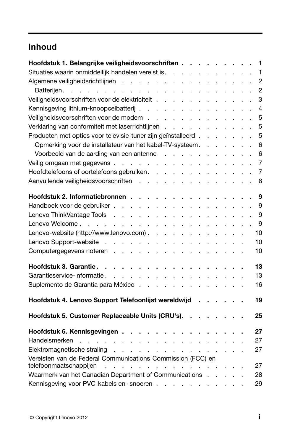 Dutch, Inhoud | Lenovo ThinkCentre Edge 72 User Manual | Page 109 / 178