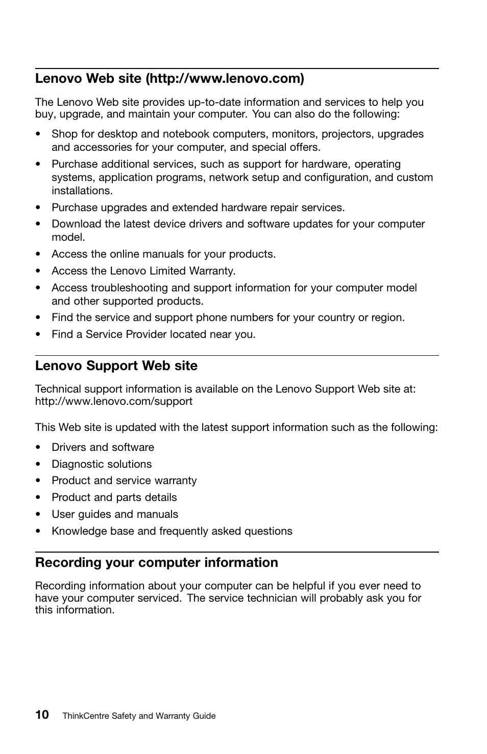 Lenovo web site (http://www.lenovo.com), Lenovo support web site, Recording your computer information | Lenovo ThinkCentre Edge 72 User Manual | Page 14 / 178