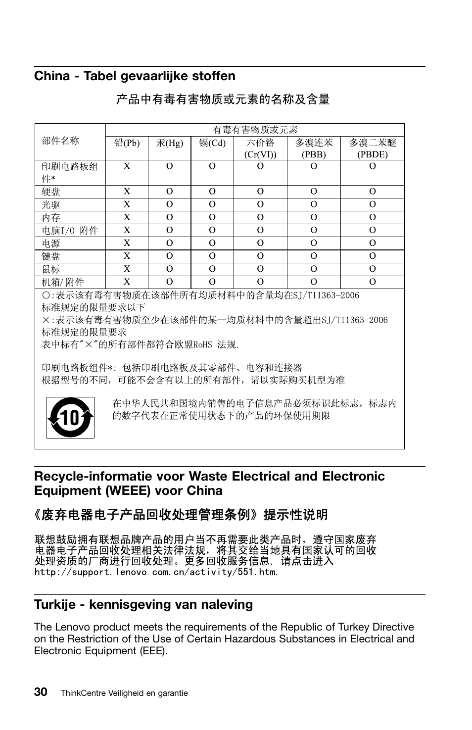 China - tabel gevaarlijke stoffen, Turkije - kennisgeving van naleving | Lenovo ThinkCentre Edge 72 User Manual | Page 140 / 178