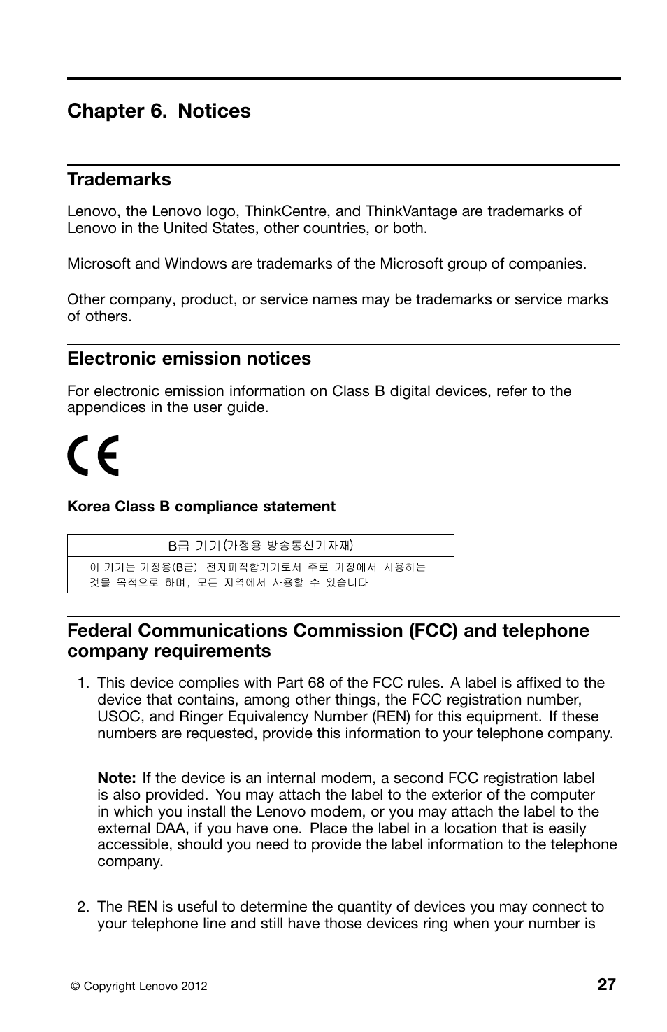 Chapter 6. notices, Trademarks, Electronic emission notices | Lenovo ThinkCentre Edge 72 User Manual | Page 31 / 178