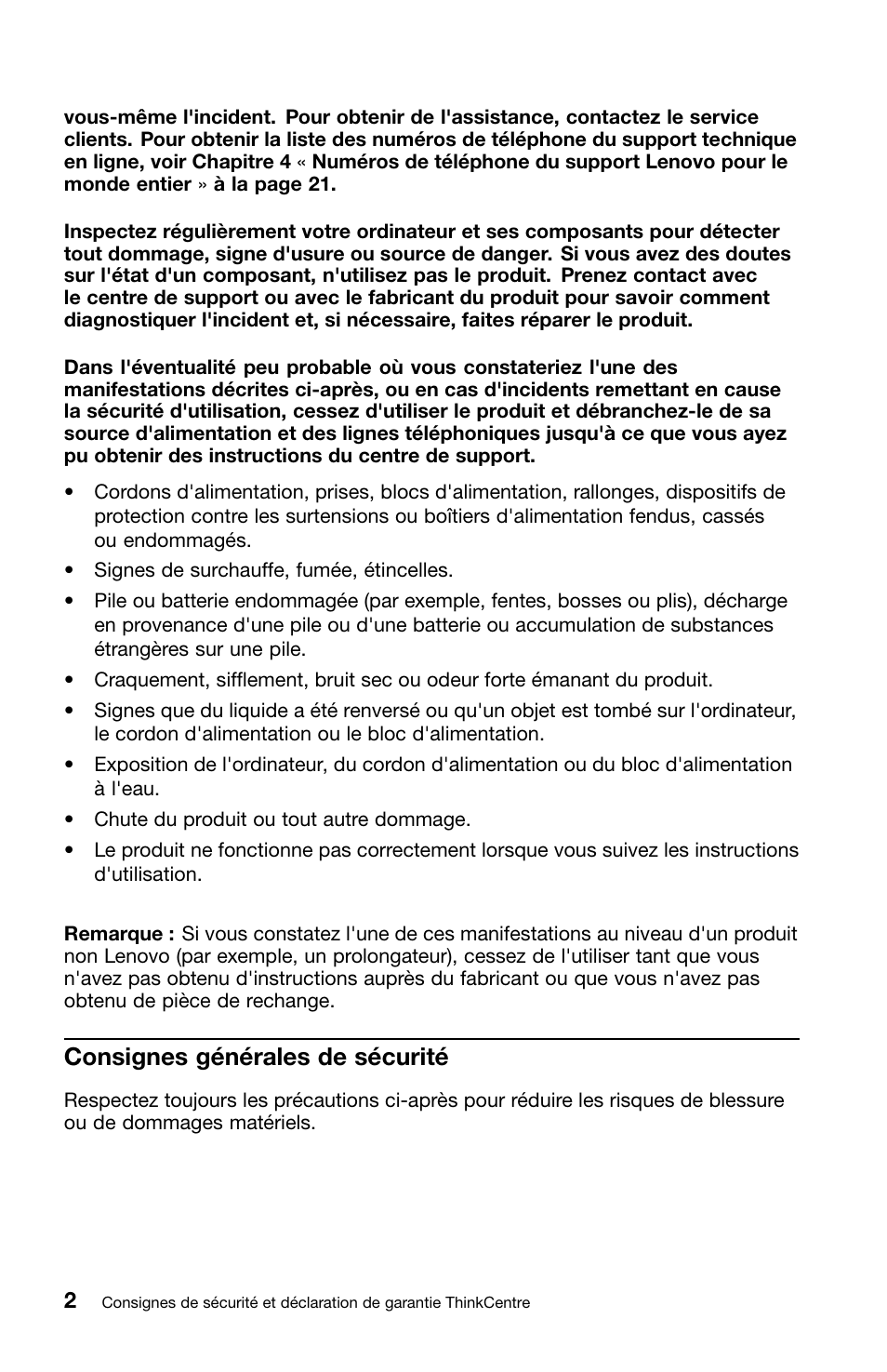 Consignes générales de sécurité | Lenovo ThinkCentre Edge 72 User Manual | Page 40 / 178
