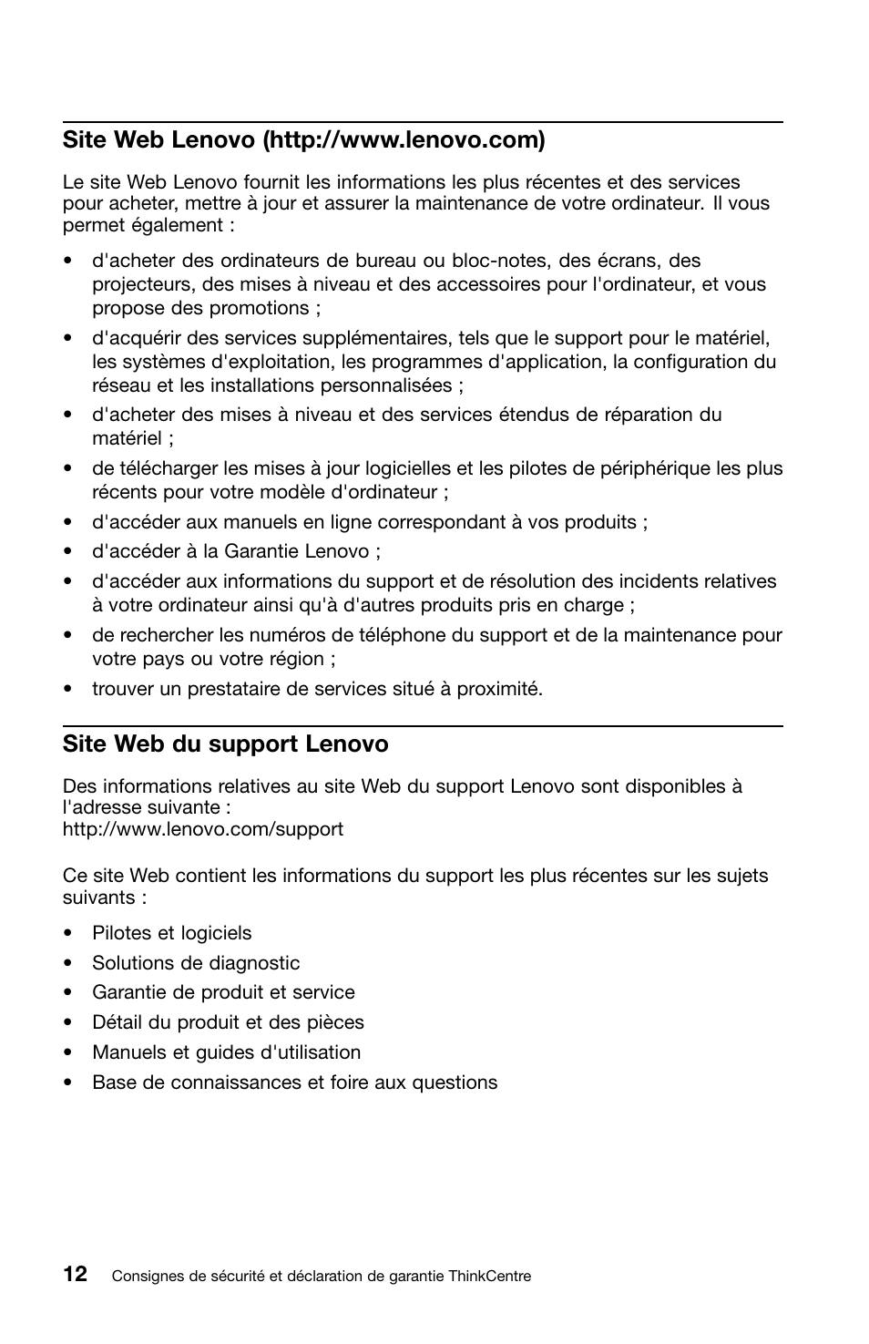 Site web lenovo (http://www.lenovo.com), Site web du support lenovo | Lenovo ThinkCentre Edge 72 User Manual | Page 50 / 178