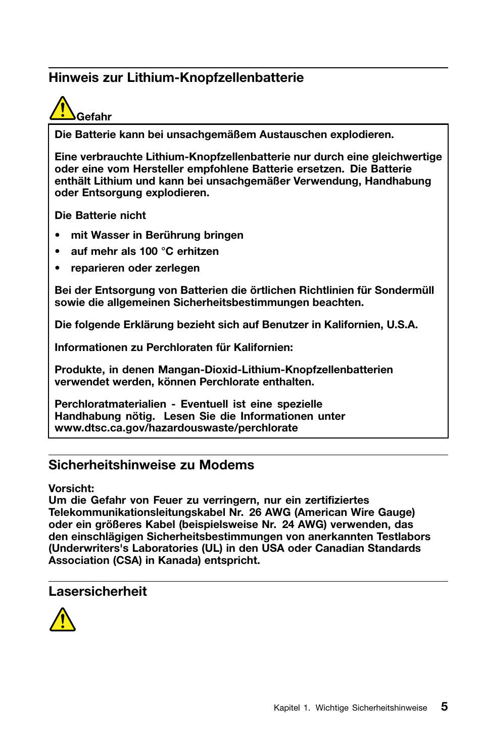 Hinweis zur lithium-knopfzellenbatterie, Sicherheitshinweise zu modems, Lasersicherheit | Lenovo ThinkCentre Edge 72 User Manual | Page 79 / 178