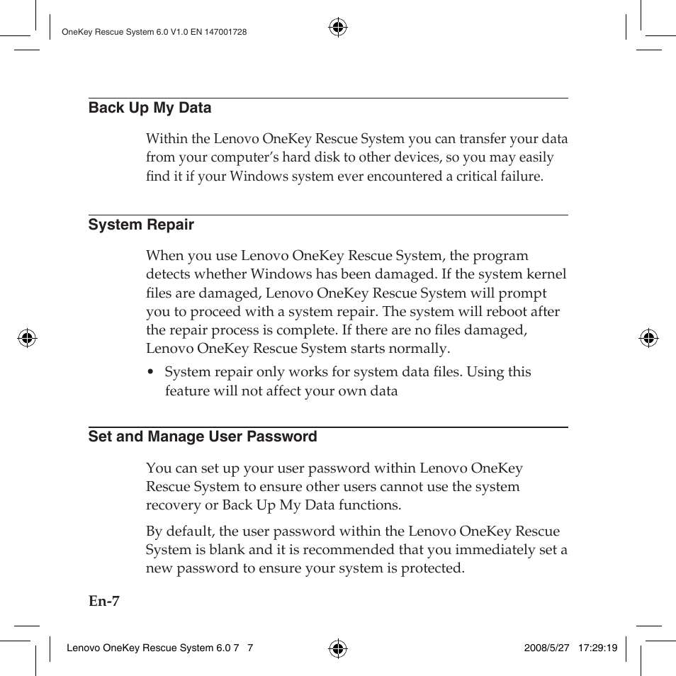 Back up my data, System repair, Set and manage user password | See back up my data see system repair, See set and manage user password | Lenovo IdeaPad Y710 User Manual | Page 10 / 138