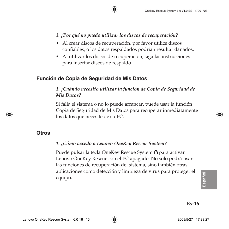 Función de copia de seguridad de mis datos, Otros, Función de copia de seguridad de mis datos otros | Lenovo IdeaPad Y710 User Manual | Page 137 / 138