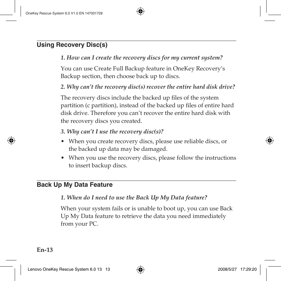 Using recovery disc(s), Back up my data feature, Using recovery disc(s) back up my data feature | Lenovo IdeaPad Y710 User Manual | Page 16 / 138