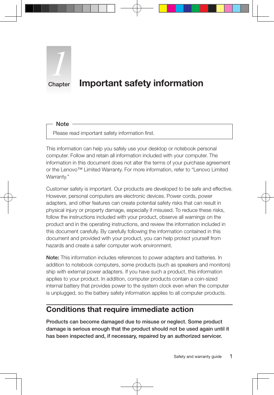 Important safety information, Conditions that require immediate action | Lenovo IdeaCentre B520 User Manual | Page 6 / 49