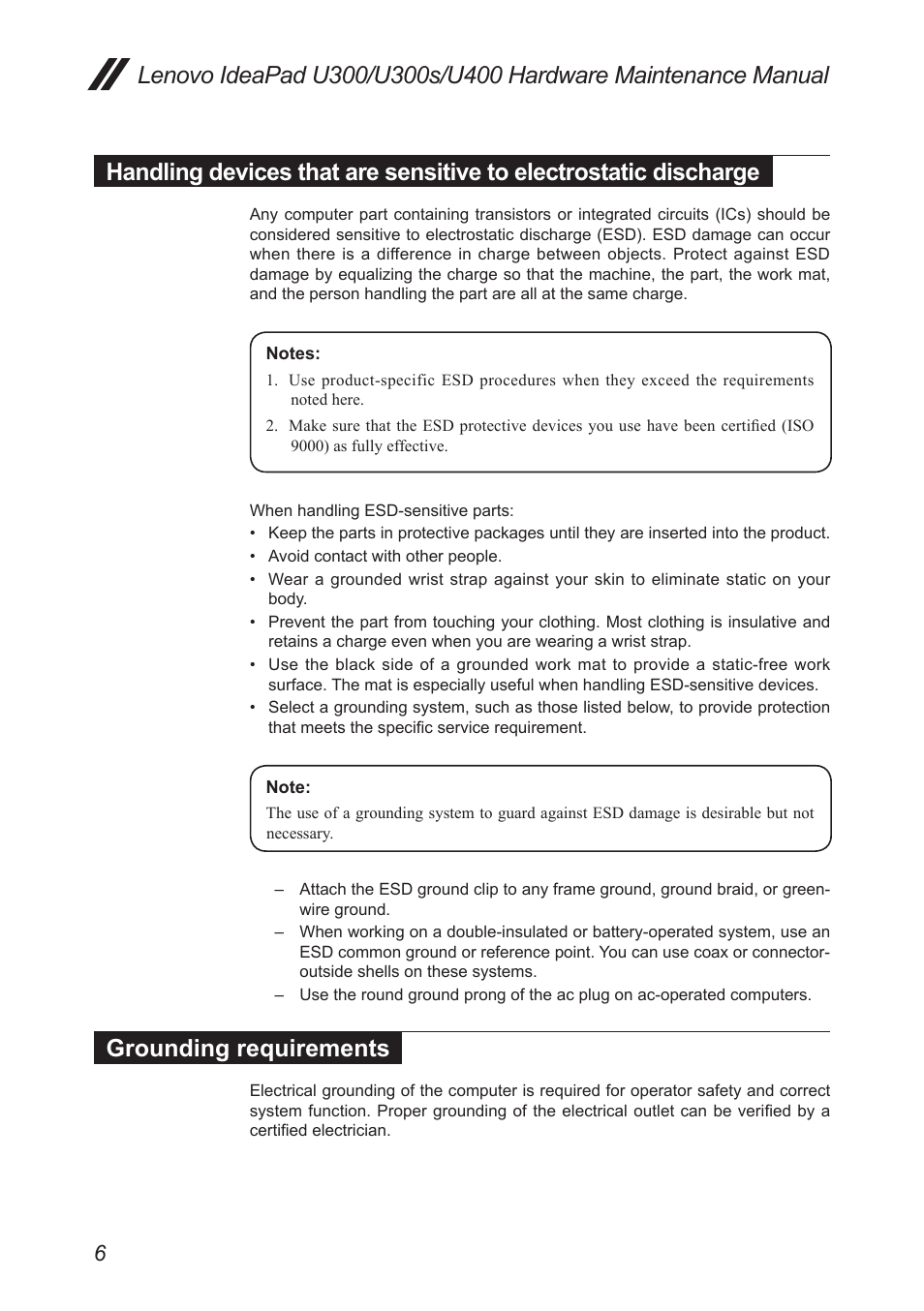 Grounding requirements, Handling devices that are sensitive to, Electrostatic discharge | Lenovo IdeaPad U300s User Manual | Page 10 / 132