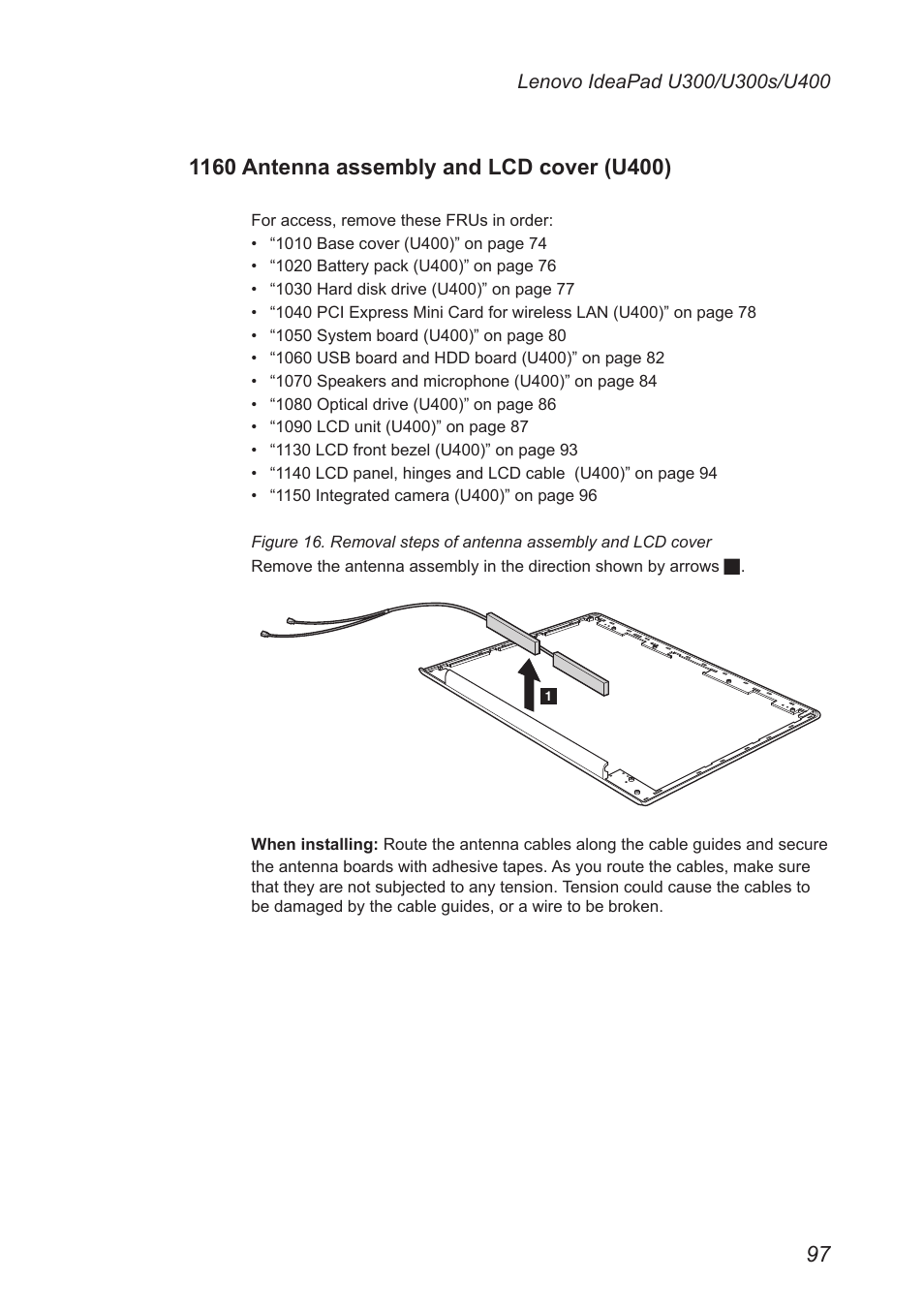 1160 antenna assembly and lcd cover (u400), 1160 antenna assembly and lcd, Cover (u400) | Lenovo IdeaPad U300s User Manual | Page 101 / 132