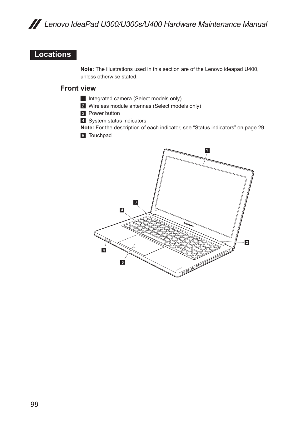 Locations, Front view | Lenovo IdeaPad U300s User Manual | Page 102 / 132