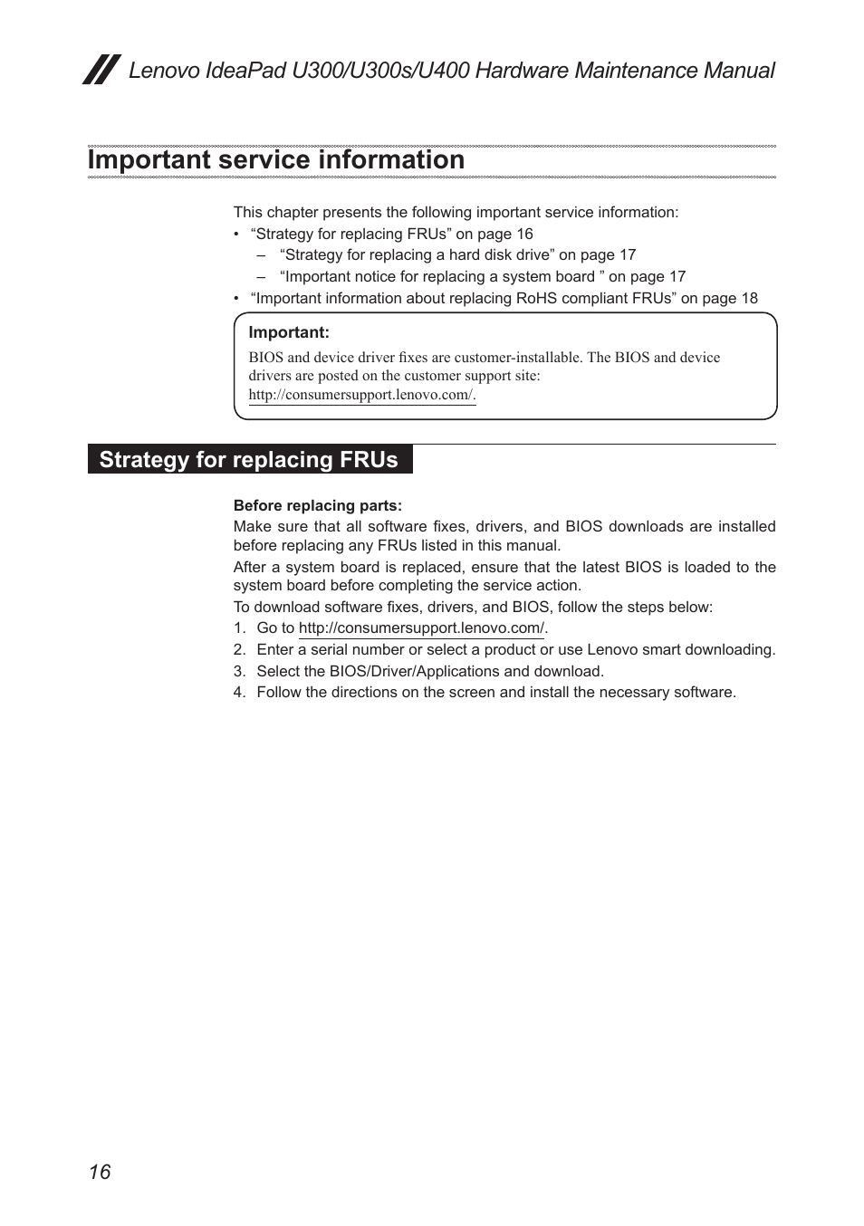 Important service information, Strategy for replacing frus | Lenovo IdeaPad U300s User Manual | Page 20 / 132