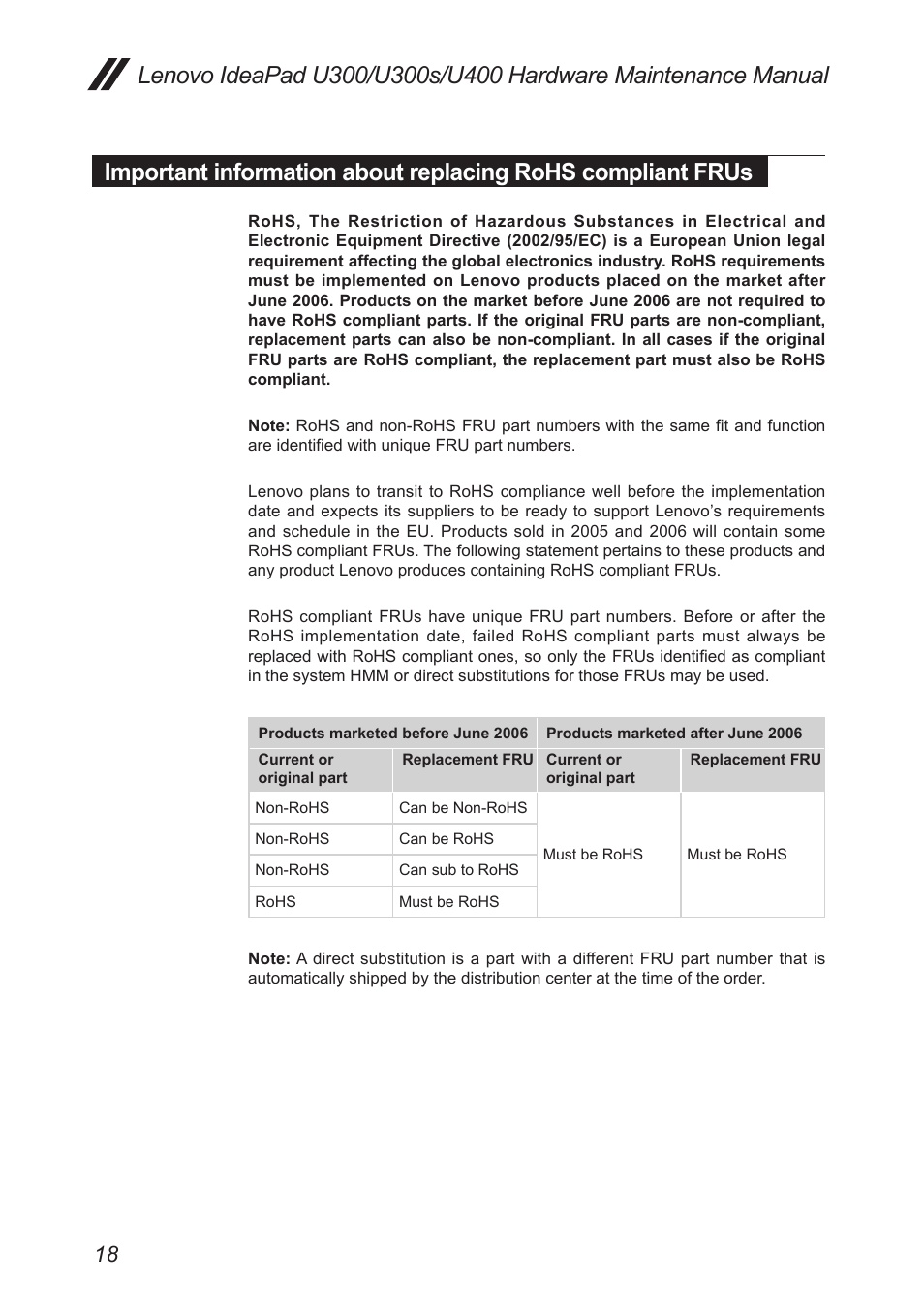 Important information about replacing rohs, Compliant frus | Lenovo IdeaPad U300s User Manual | Page 22 / 132