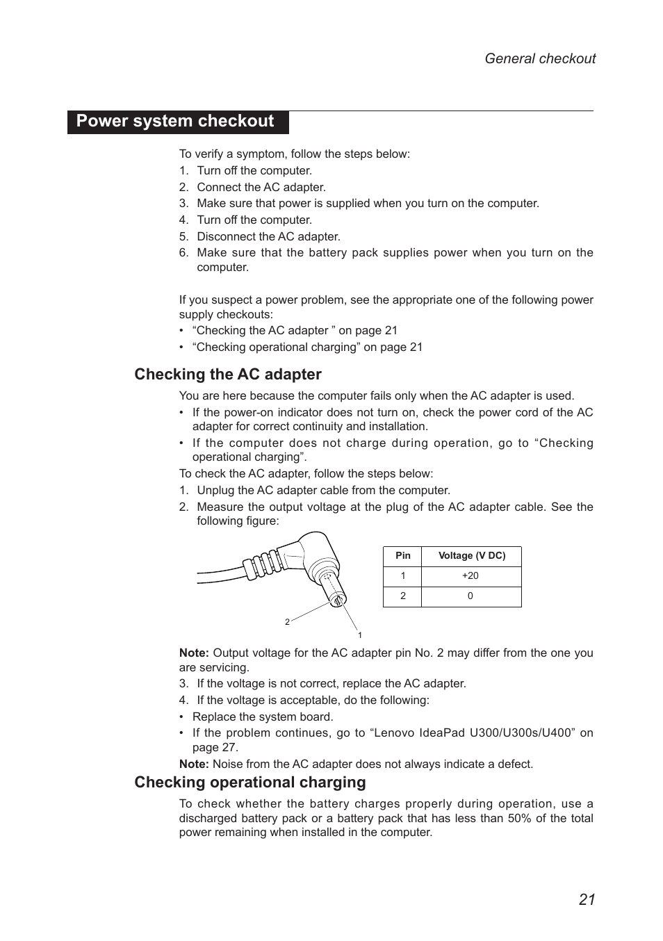 Power system checkout, Checking the ac adapter, Checking operational charging | Lenovo IdeaPad U300s User Manual | Page 25 / 132