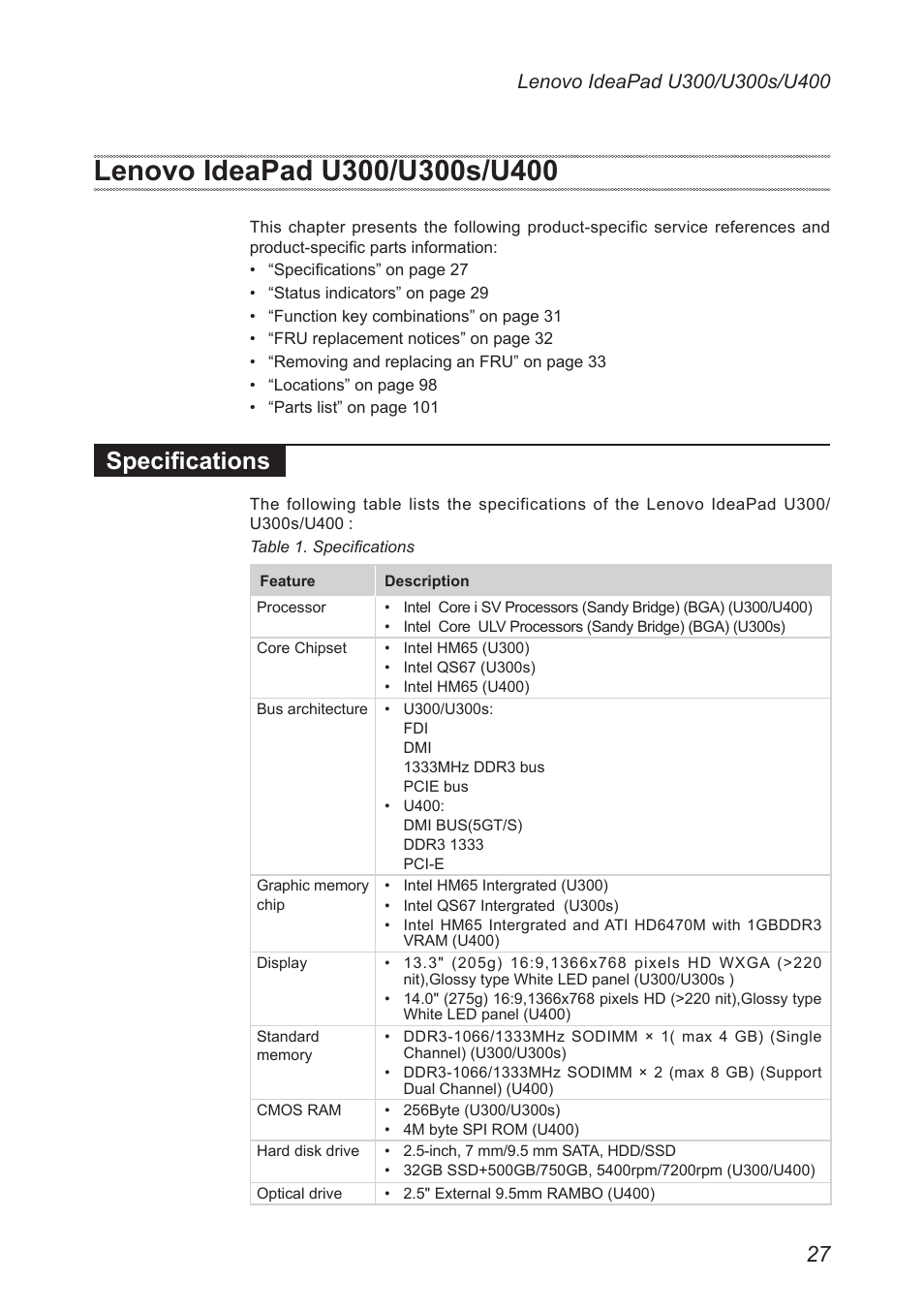 Lenovo ideapad u300/u300s/u400, Specifications, Lenovo ideapad u300/u300s/u400” on | Lenovo IdeaPad U300s User Manual | Page 31 / 132