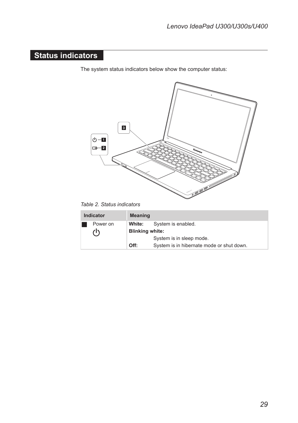 Status indicators | Lenovo IdeaPad U300s User Manual | Page 33 / 132