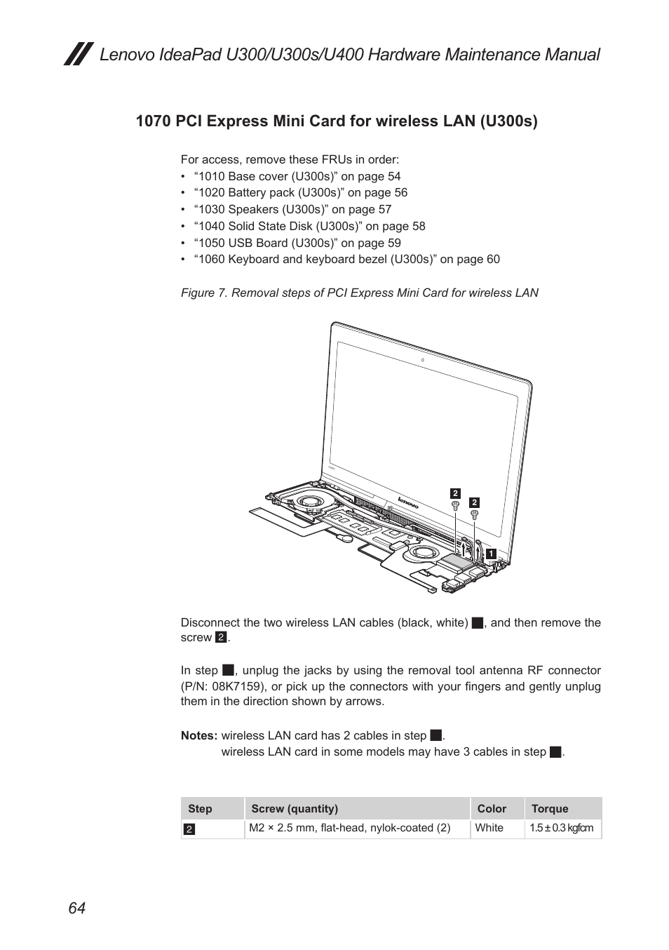 1070 pci express mini card for, Wireless lan (u300s) | Lenovo IdeaPad U300s User Manual | Page 68 / 132