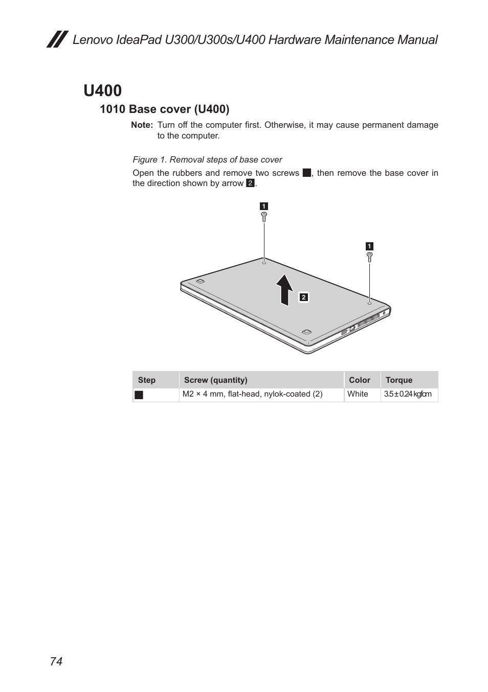 U400, 1010 base cover (u400) | Lenovo IdeaPad U300s User Manual | Page 78 / 132