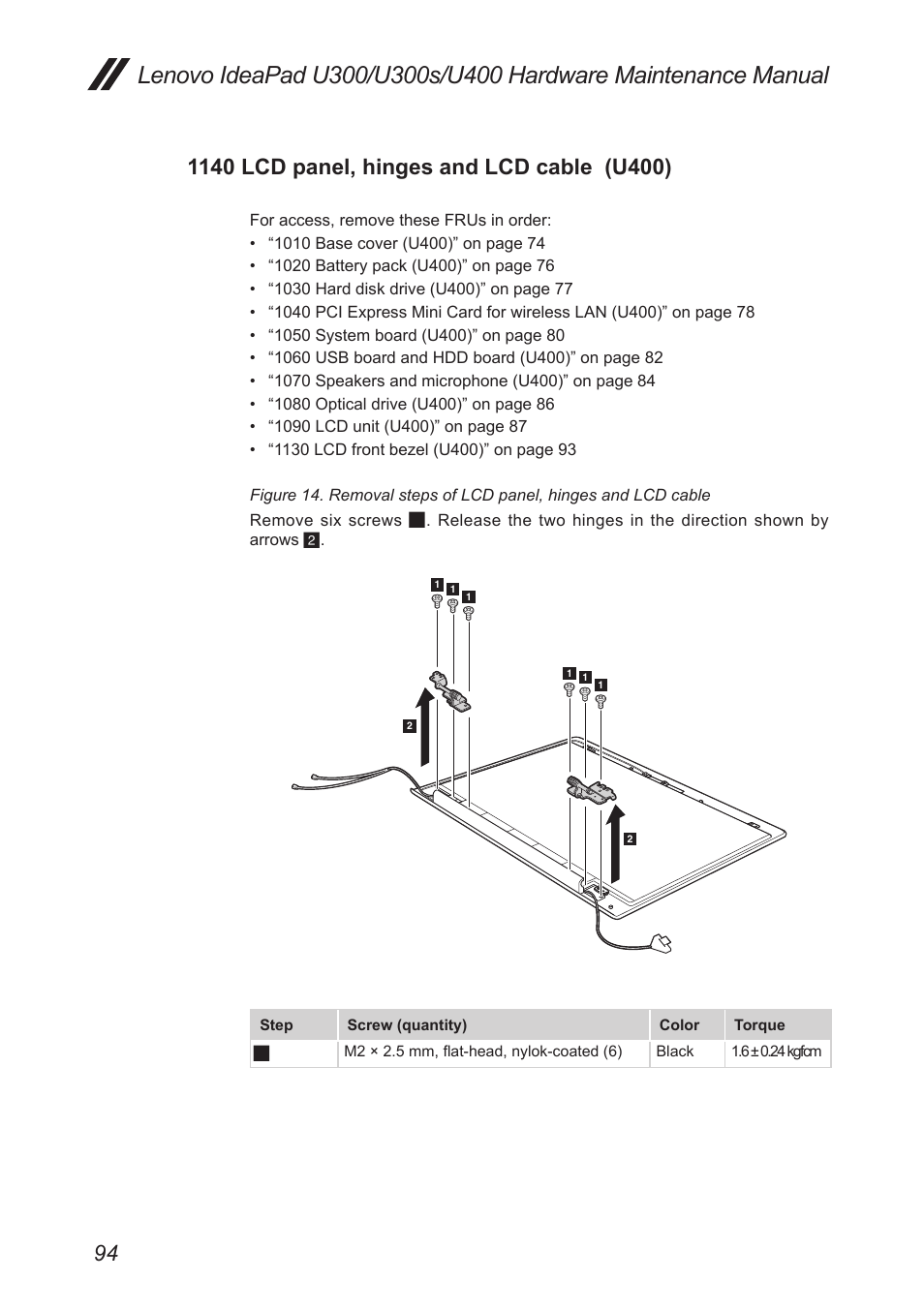 1140 lcd panel, hinges and lcd cable (u400), 1140 lcd panel, hinges and, Lcd cable (u400) | Lenovo IdeaPad U300s User Manual | Page 98 / 132