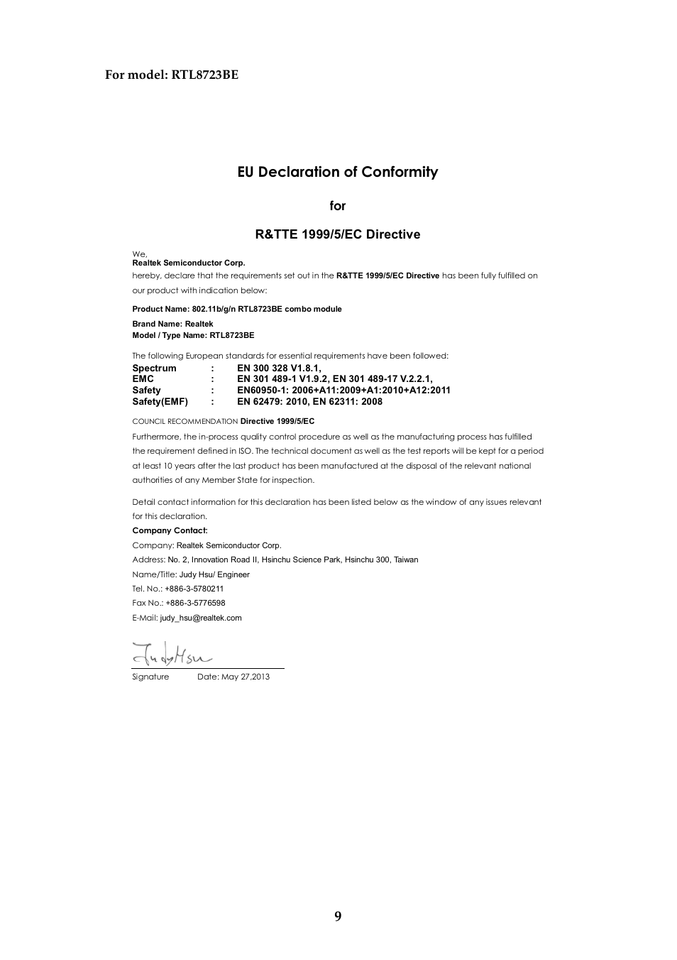 Eu declaration of conformity, For model: rtl8723be | Lenovo Z40-70 User Manual | Page 9 / 12