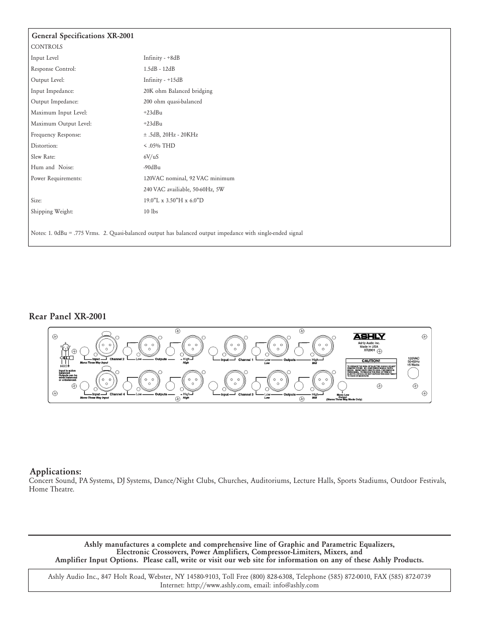 Applications, Rear panel xr-2001 | Ashly XR2001 User Manual | Page 2 / 2