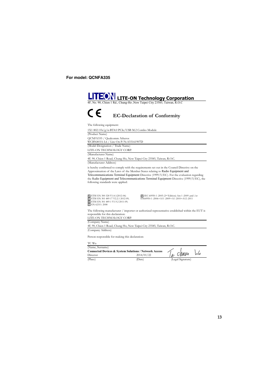 Ec-declaration of conformity, Lite-on technology corporation | Lenovo Y50-70 User Manual | Page 13 / 14