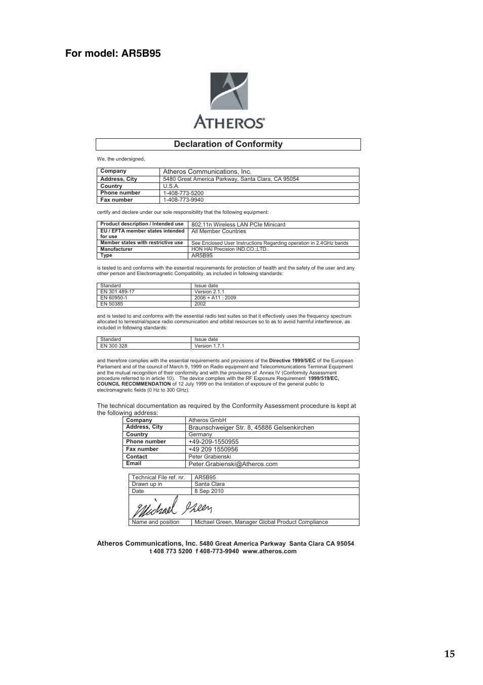 Declaration of conformity | Lenovo B575 Notebook User Manual | Page 16 / 24