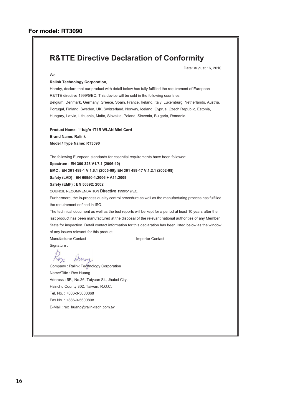 R&tte directive declaration of conformity | Lenovo B575 Notebook User Manual | Page 17 / 24