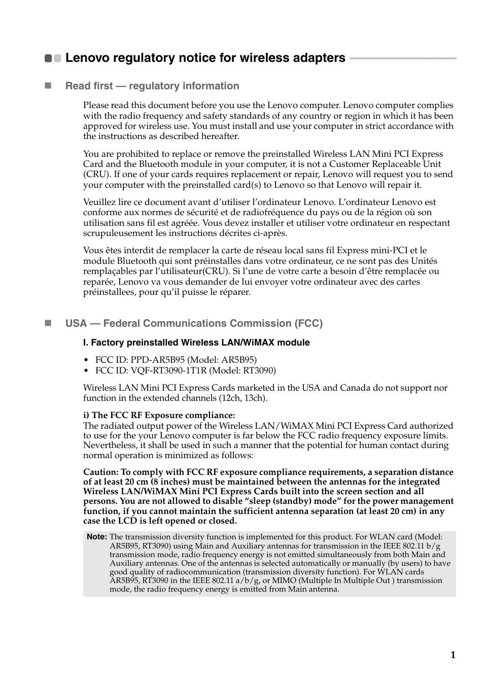 Lenovo regulatory notice for wireless adapters | Lenovo B575 Notebook User Manual | Page 2 / 24