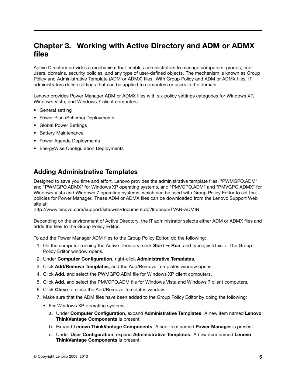 Adding administrative templates | Lenovo ThinkVantage (Power Manager Deployment) User Manual | Page 11 / 68