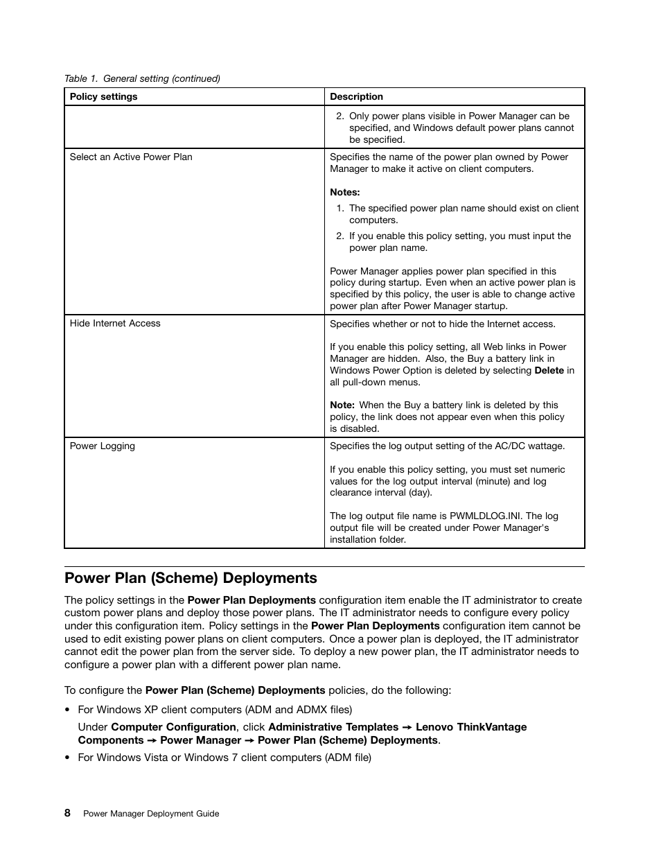 Power plan (scheme) deployments | Lenovo ThinkVantage (Power Manager Deployment) User Manual | Page 14 / 68