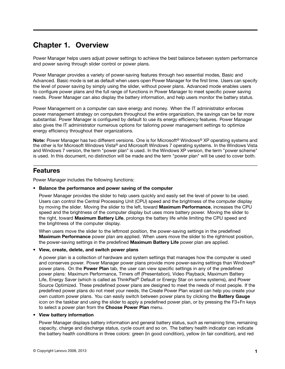 Chapter 1. overview, Features | Lenovo ThinkVantage (Power Manager Deployment) User Manual | Page 7 / 68