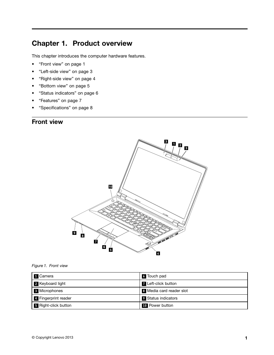 Chapter 1. product overview, Front view | Lenovo K4350 Notebook User Manual | Page 15 / 62