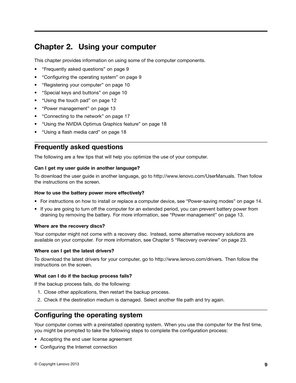 Chapter 2. using your computer, Frequently asked questions, Configuring the operating system | Lenovo K4350 Notebook User Manual | Page 23 / 62