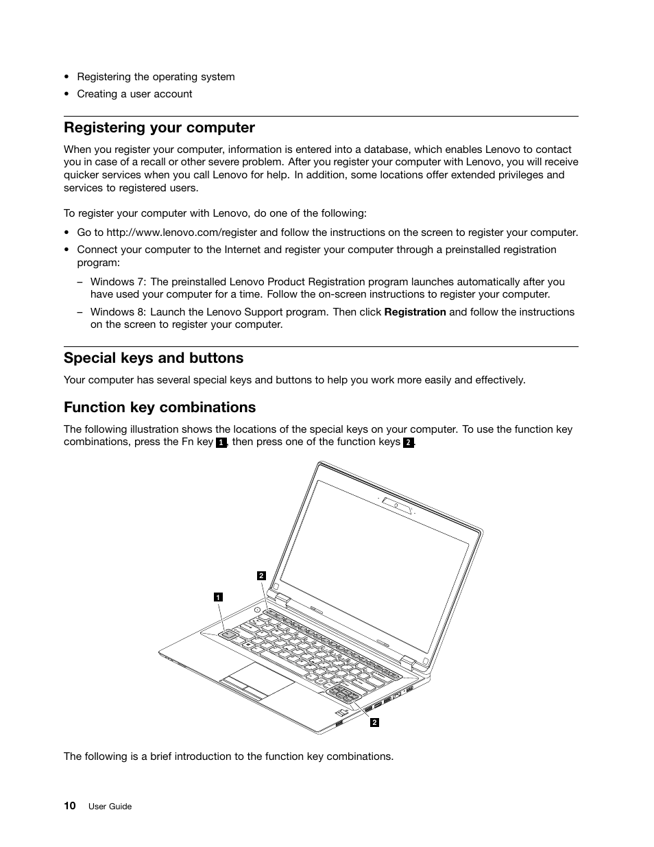 Registering your computer, Special keys and buttons, Function key combinations | Lenovo K4350 Notebook User Manual | Page 24 / 62